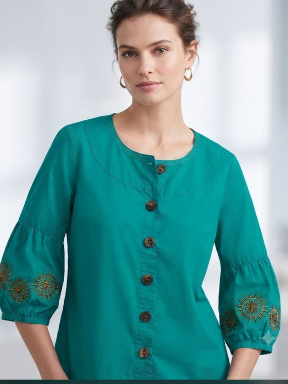 Oscar de la Renta Teal Button-Front Embroidered Sleeve Top missing Sztag P2P 24"